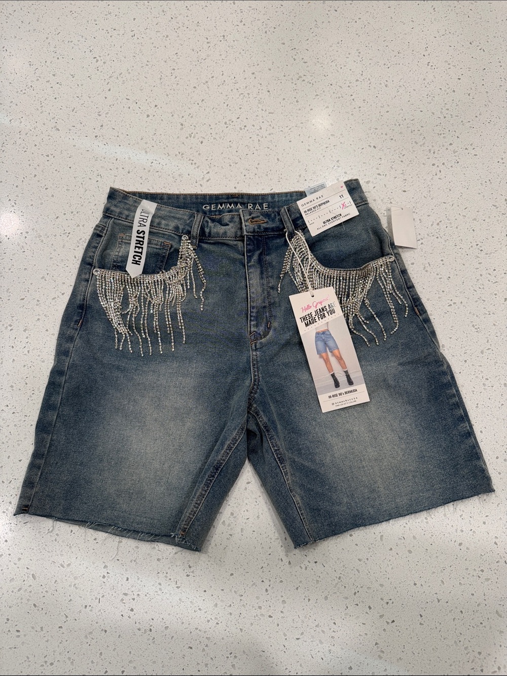 Gemma Rae Women's Denim Bermuda Shorts with Fringe Rhinestone Pockets - Blue